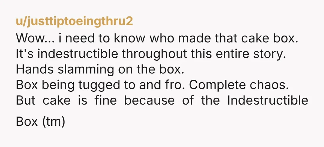 u/justtiptoeingthru2 Wow... i need to know who made that cake box. It's indestructible throughout this entire story. Hands slamming on the box. Box being tugged to and fro. Complete chaos....