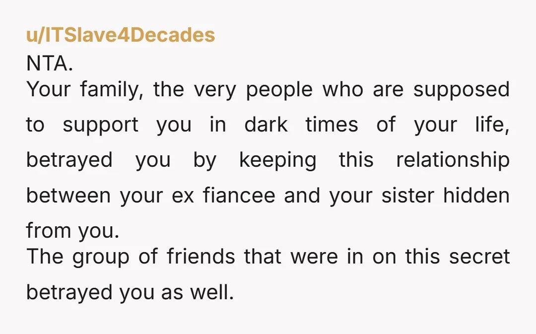 u/Nervous-Jury3715 NTA. it’s probably time to go no contact with your family since they cannot seem to understand your ex seems to have basically cheated on you with your sister...