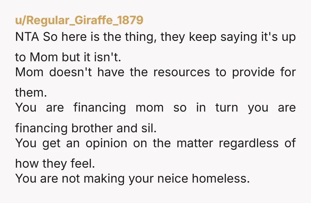 u/Royal_Tough_9927
You cannot support your mom financially,  just because she pays all her  other child's bills.