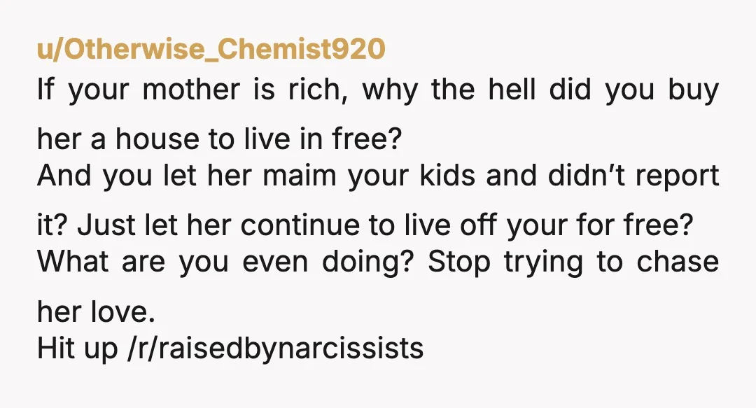 u/Otherwise_Chemist920 If your mother is rich, why the hell did you buy her a house to live in free? And you let her maim your kids and didn’t report it?...