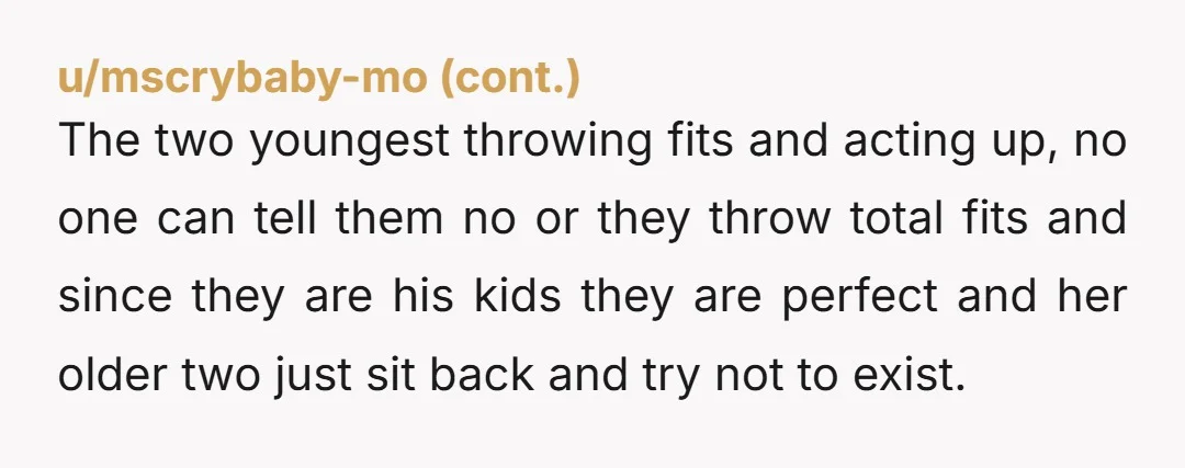 The two youngest throwing fits and acting up, no one can tell them no or they throw total fits and since they are his kids they are perfect and her...