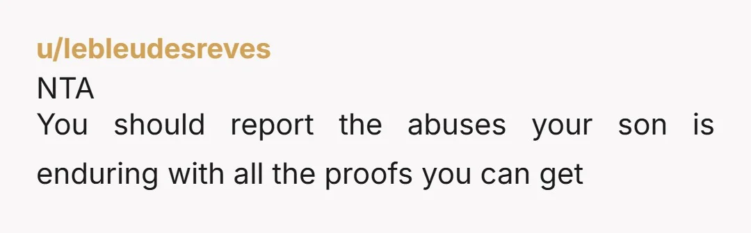 u/lebleudesreves NTA You should report the abuses your son is enduring with all the proofs you can get I don't know the laws in your country but from a certain...