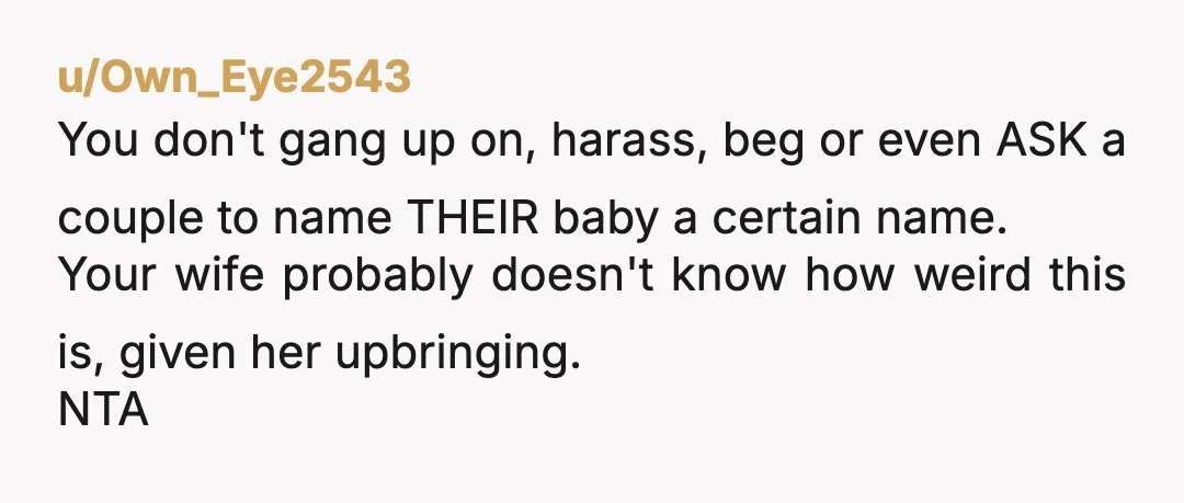 u/Own_Eye2543 You don't gang up on, harass, beg or even ASK a couple to name THEIR baby a certain name. Your wife probably doesn't know how weird this is, given...