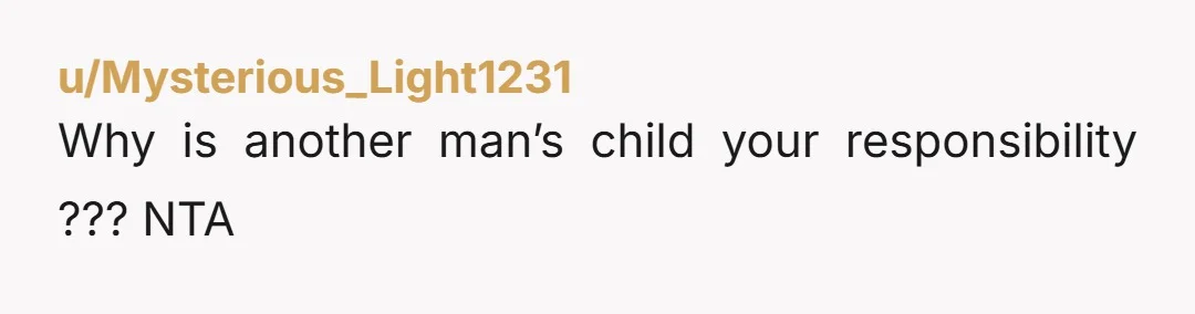 u/Mysterious_Light1231
Why is another man’s child your responsibility ??? NTA