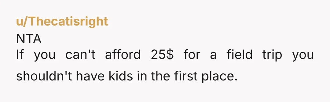 u/Thecatisright
NTA
If you can't afford 25$ for a field trip you shouldn't have kids in the first place.