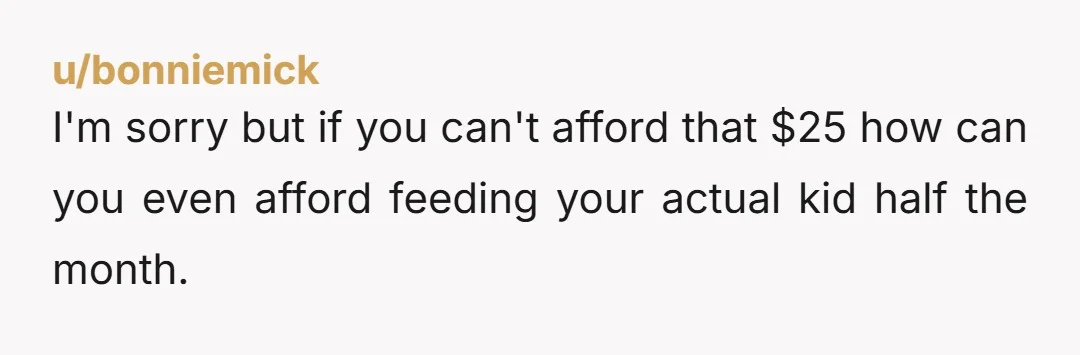 u/bonniemick
I'm sorry but if you can't afford that $25 how can you even afford feeding your actual kid half the month.