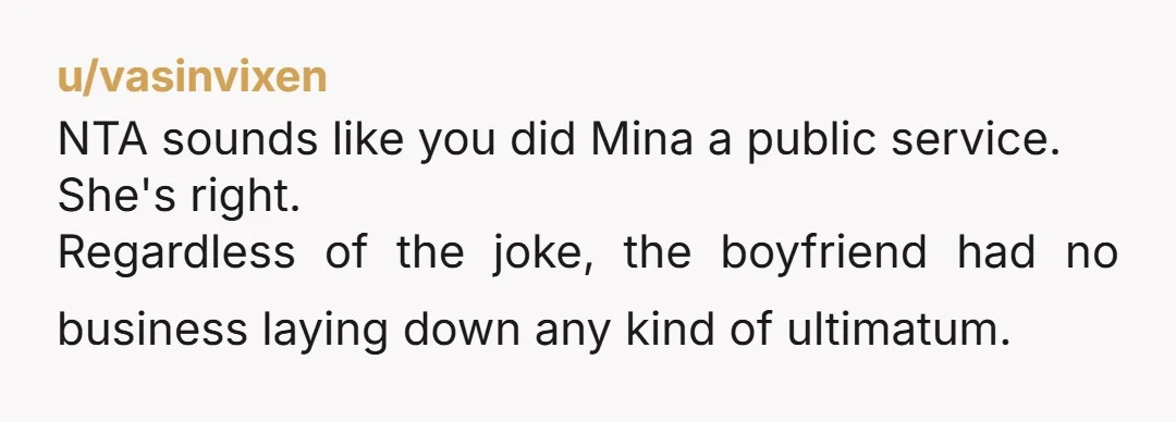 u/vasinvixen NTA sounds like you did Mina a public service. She's right. Regardless of the joke, the boyfriend had no business laying down any kind of ultimatum.