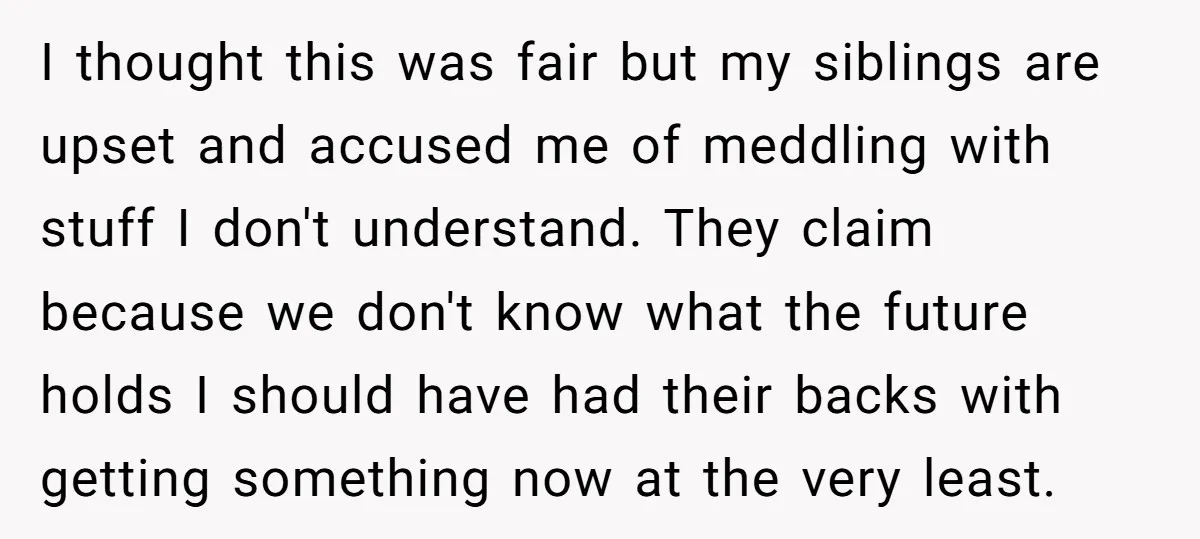 I thought this was fair but my siblings are upset and accused me of meddling with stuff I don't understand. They claim because we don't know what the future holds...