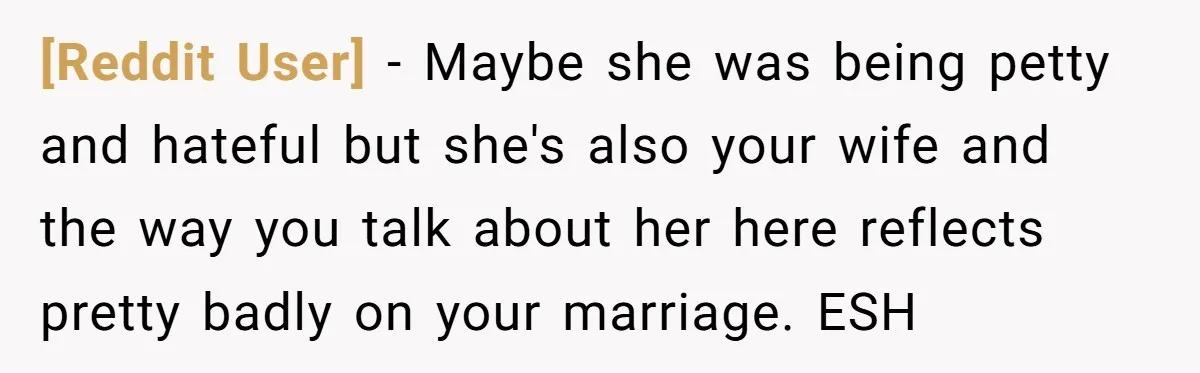 [Reddit User] − Maybe she was being petty and hateful but she's also your wife and the way you talk about her here reflects pretty badly on your marriage. ESH