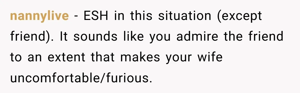 nannylive − ESH in this situation (except friend). It sounds like you admire the friend to an extent that makes your wife uncomfortable/furious.