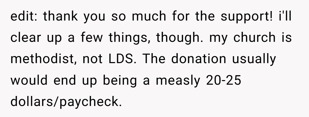 edit: thank you so much for the support! i'll clear up a few things, though. my church is methodist, not LDS. The donation usually would end up being a measly...