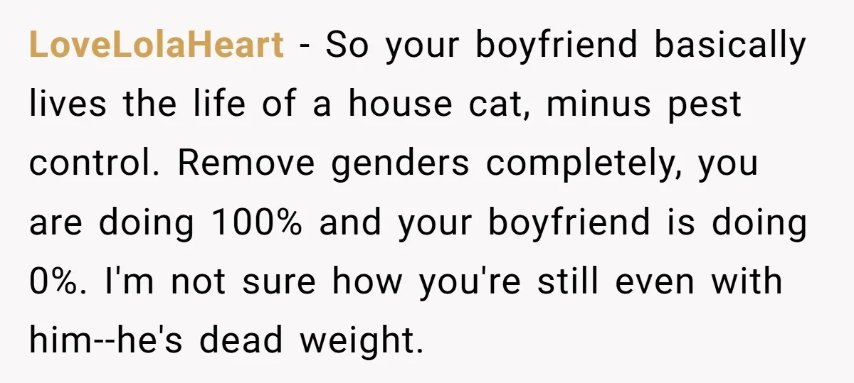 LoveLolaHeart − So your boyfriend basically lives the life of a house cat, minus pest control. Remove genders completely, you are doing 100% and your boyfriend is doing 0%. I'm...
