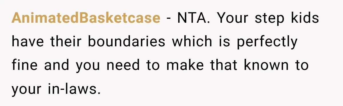 AnimatedBasketcase − NTA. Your step kids have their boundaries which is perfectly fine and you need to make that known to your in-laws.