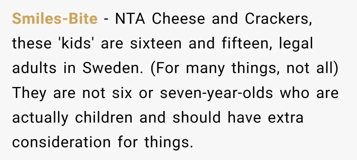 Smiles-Bite − NTA Cheese and Crackers, these 'kids' are sixteen and fifteen, legal adults in Sweden. (For many things, not all) They are not six or seven-year-olds who are actually...