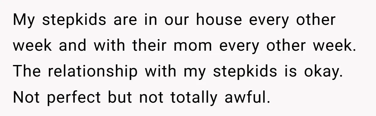 My stepkids are in our house every other week and with their mom every other week. The relationship with my stepkids is okay. Not perfect but not totally awful.
