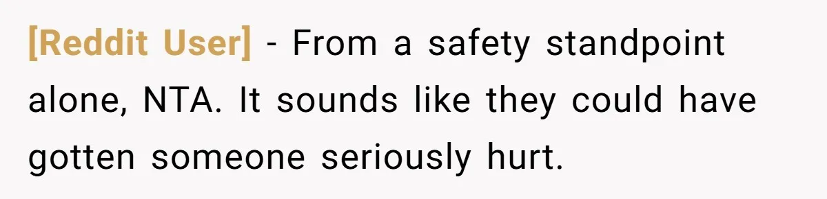 [Reddit User] − From a safety standpoint alone, NTA. It sounds like they could have gotten someone seriously hurt.