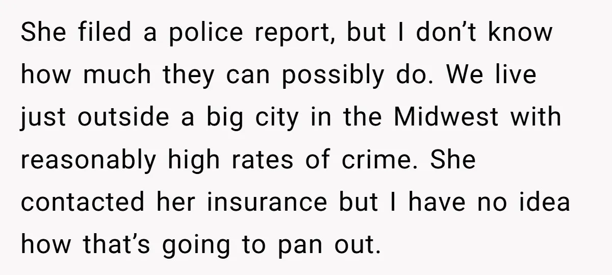 She filed a police report, but I don’t know how much they can possibly do. We live just outside a big city in the Midwest with reasonably high rates of...