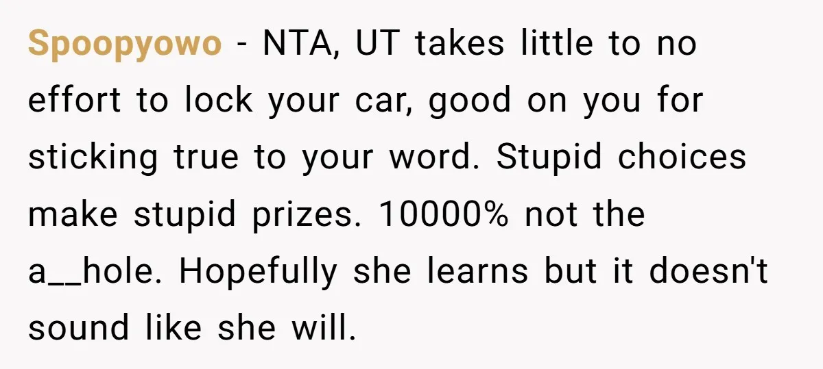 Spoopyowo − NTA, UT takes little to no effort to lock your car, good on you for sticking true to your word. Stupid choices make stupid prizes. 10000% not the...