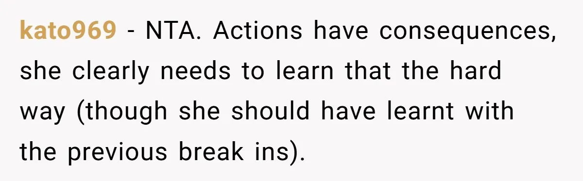 kato969 − NTA. Actions have consequences, she clearly needs to learn that the hard way (though she should have learnt with the previous break ins).