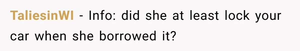 TaliesinWI − Info: did she at least lock your car when she borrowed it?
