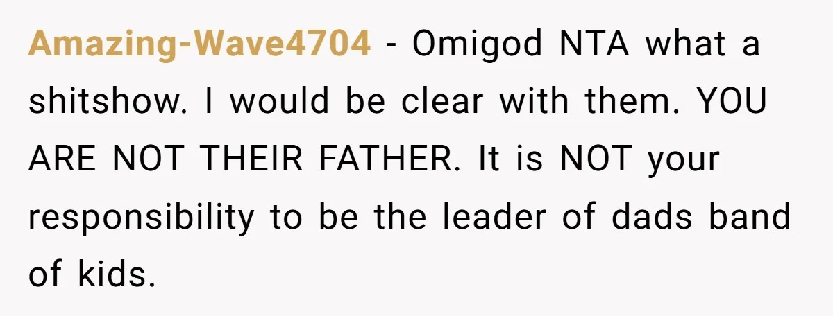 Amazing-Wave4704 − Omigod NTA what a shitshow. I would be clear with them. YOU ARE NOT THEIR FATHER. It is NOT your responsibility to be the leader of dads band...