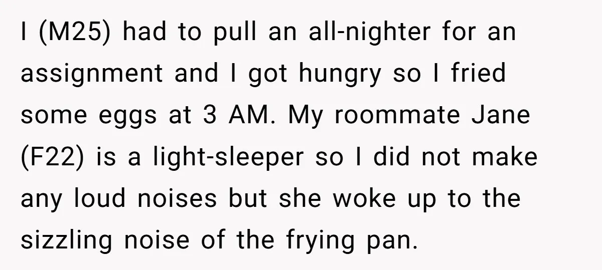 I (M25) had to pull an all-nighter for an assignment and I got hungry so I fried some eggs at 3 AM. My roommate Jane (F22) is a light-sleeper so...