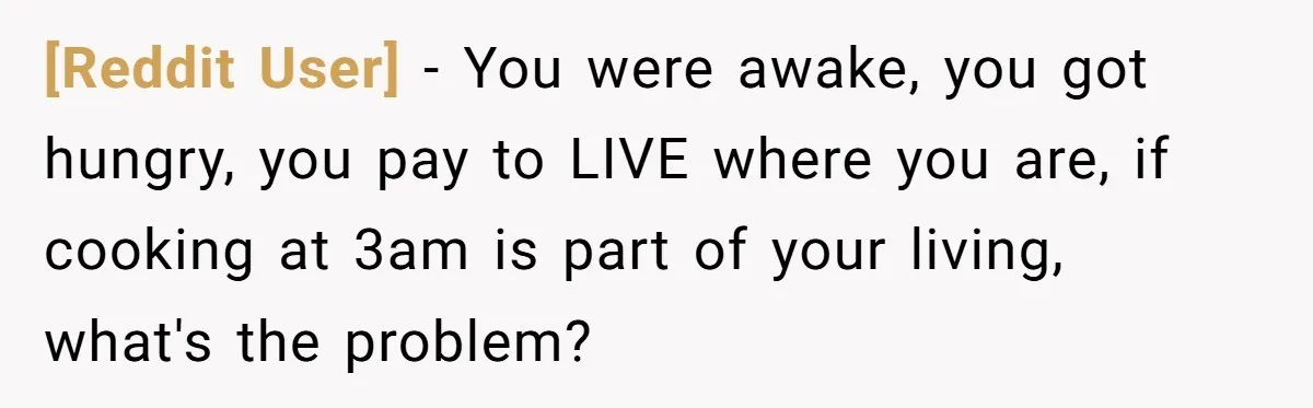 [Reddit User] − You were awake, you got hungry, you pay to LIVE where you are, if cooking at 3am is part of your living, what's the problem?