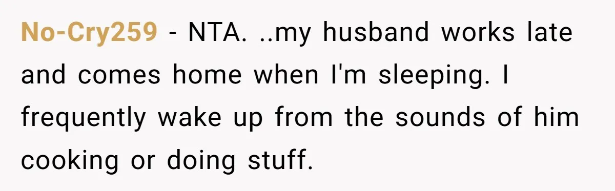 No-Cry259 − NTA. ..my husband works late and comes home when I'm sleeping. I frequently wake up from the sounds of him cooking or doing stuff.