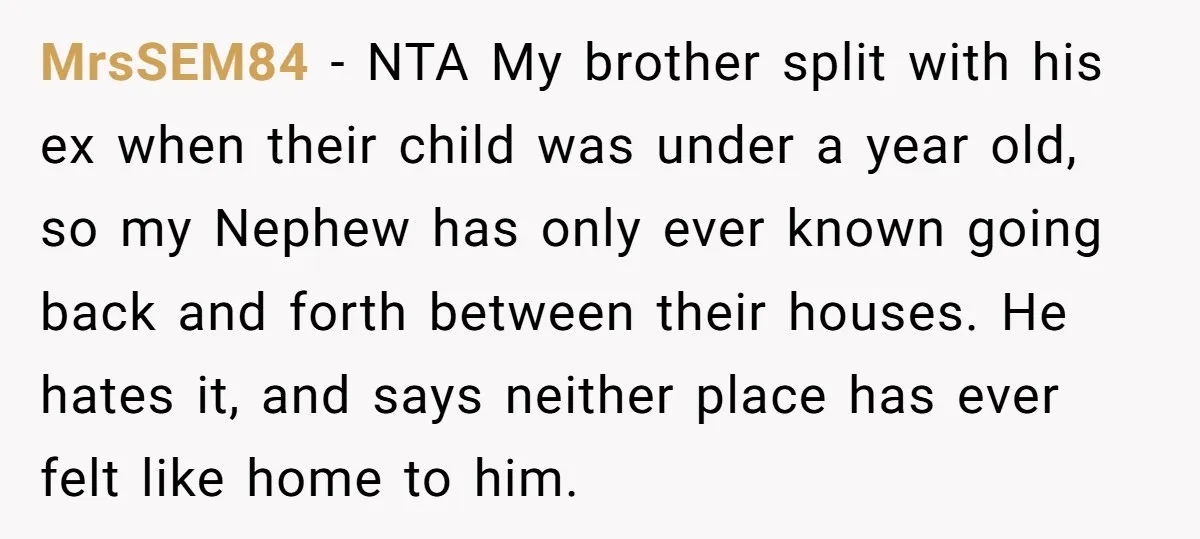 MrsSEM84 − NTA My brother split with his ex when their child was under a year old, so my Nephew has only ever known going back and forth between their...