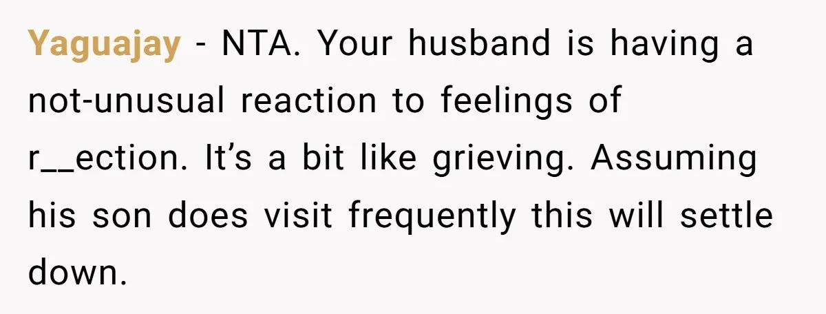 Yaguajay − NTA. Your husband is having a not-unusual reaction to feelings of r__ection. It’s a bit like grieving. Assuming his son does visit frequently this will settle down.