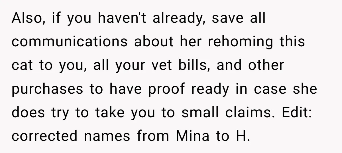 Also, if you haven't already, save all communications about her rehoming this cat to you, all your vet bills, and other purchases to have proof ready in case she does...
