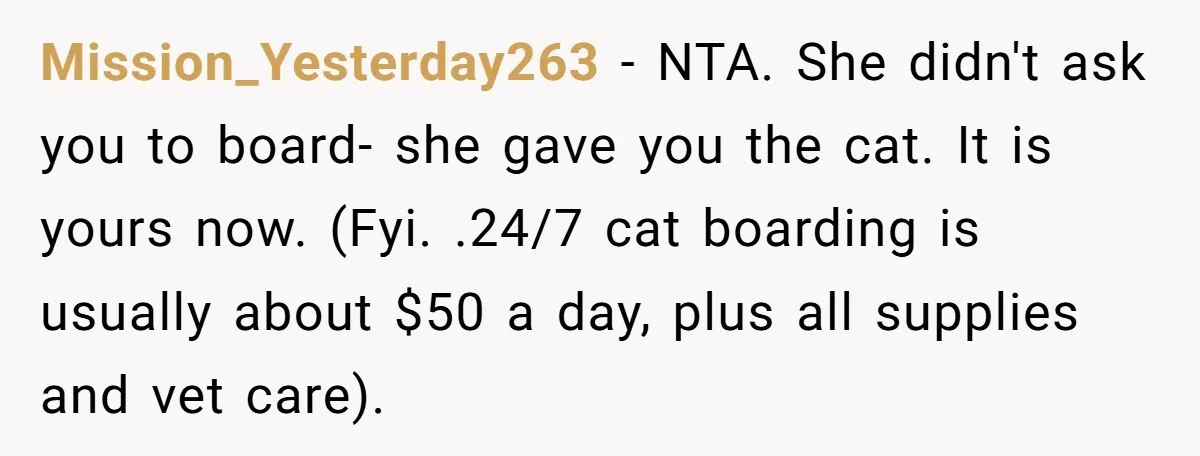 Mission_Yesterday263 − NTA. She didn't ask you to board- she gave you the cat. It is yours now. (Fyi. .24/7 cat boarding is usually about $50 a day, plus all...