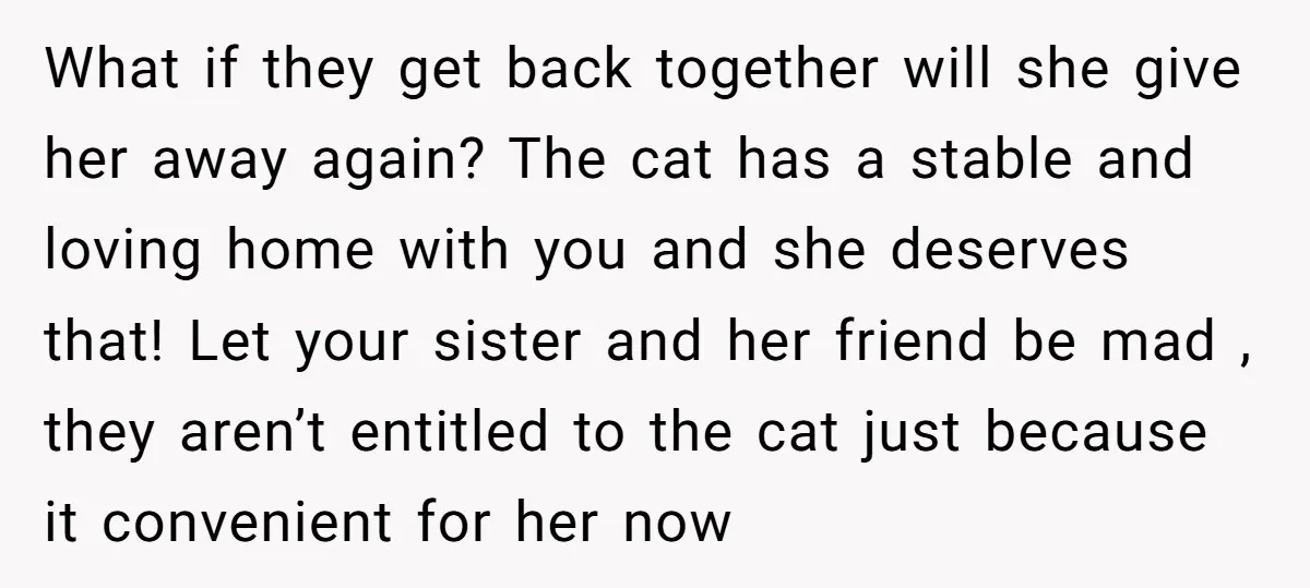 What if they get back together will she give her away again? The cat has a stable and loving home with you and she deserves that! Let your sister and...