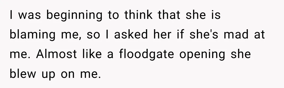 I was beginning to think that she is blaming me, so I asked her if she's mad at me. Almost like a floodgate opening she blew up on me.