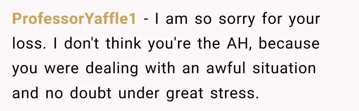 ProfessorYaffle1 − I am so sorry for your loss. I don't think you're the AH, because you were dealing with an awful situation and no doubt under great stress.
