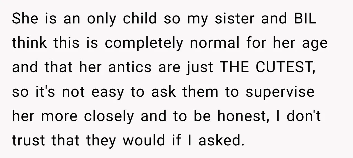 She is an only child so my sister and BIL think this is completely normal for her age and that her antics are just THE CUTEST, so it's not easy...