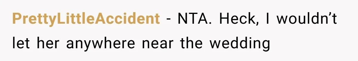 PrettyLittleAccident − NTA. Heck, I wouldn’t let her anywhere near the wedding