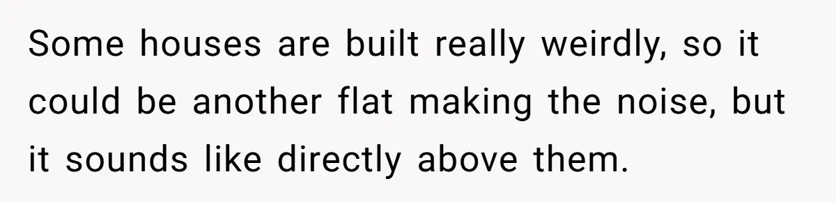 Some houses are built really weirdly, so it could be another flat making the noise, but it sounds like directly above them.
