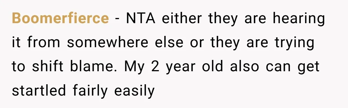 Boomerfierce − NTA either they are hearing it from somewhere else or they are trying to shift blame. My 2 year old also can get startled fairly easily