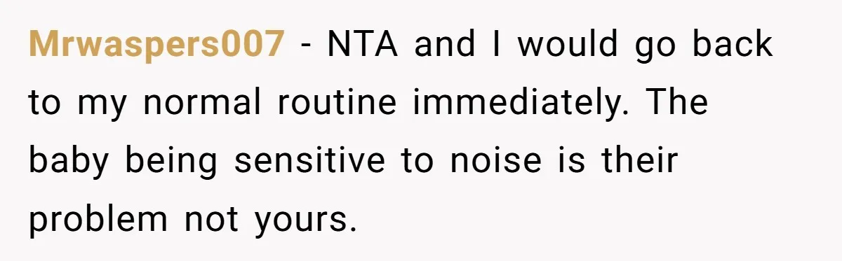 Mrwaspers007 − NTA and I would go back to my normal routine immediately. The baby being sensitive to noise is their problem not yours.