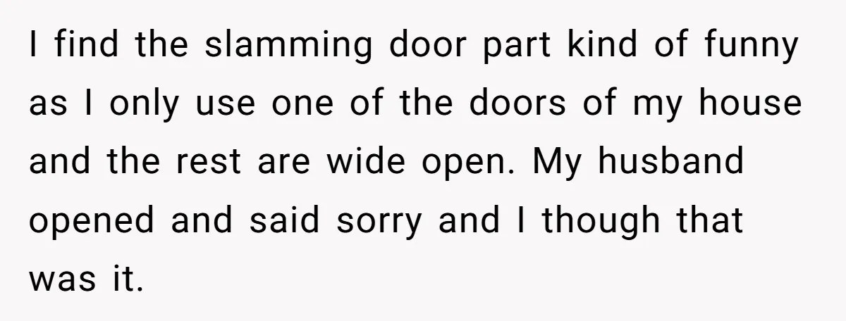 I find the slamming door part kind of funny as I only use one of the doors of my house and the rest are wide open. My husband opened and...