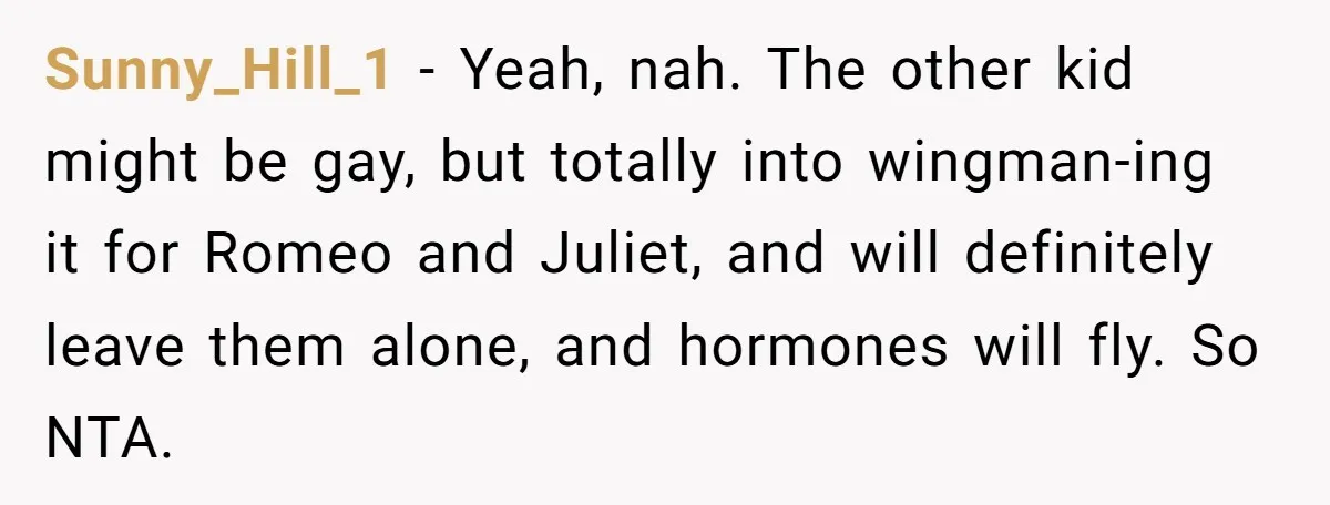 Sunny_Hill_1 − Yeah, nah. The other kid might be gay, but totally into wingman-ing it for Romeo and Juliet, and will definitely leave them alone, and hormones will fly. So...