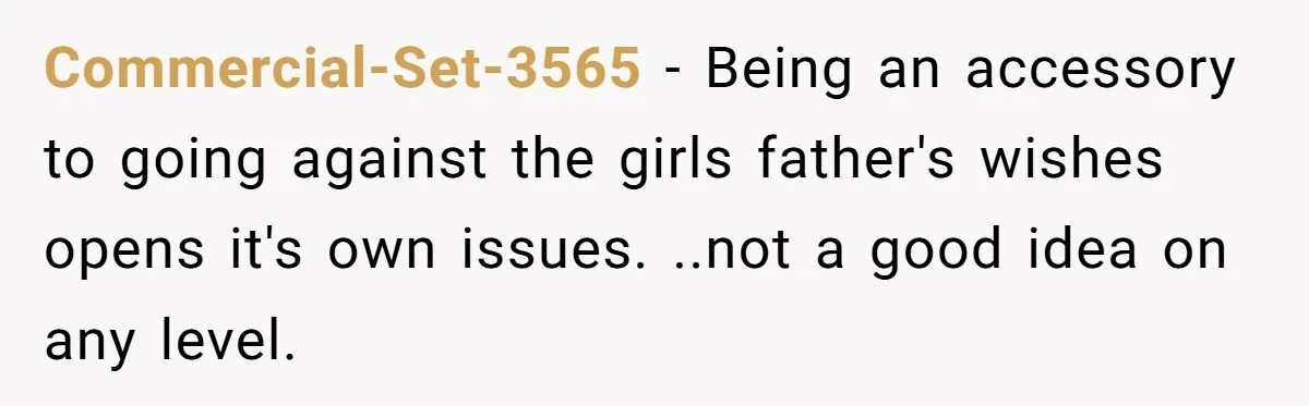 Commercial-Set-3565 − Being an accessory to going against the girls father's wishes opens it's own issues. ..not a good idea on any level.