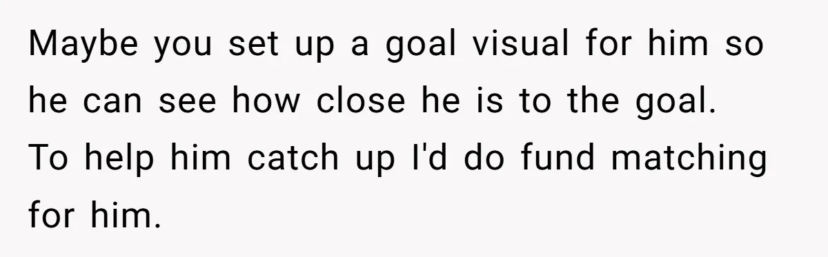 Maybe you set up a goal visual for him so he can see how close he is to the goal. To help him catch up I'd do fund matching for...