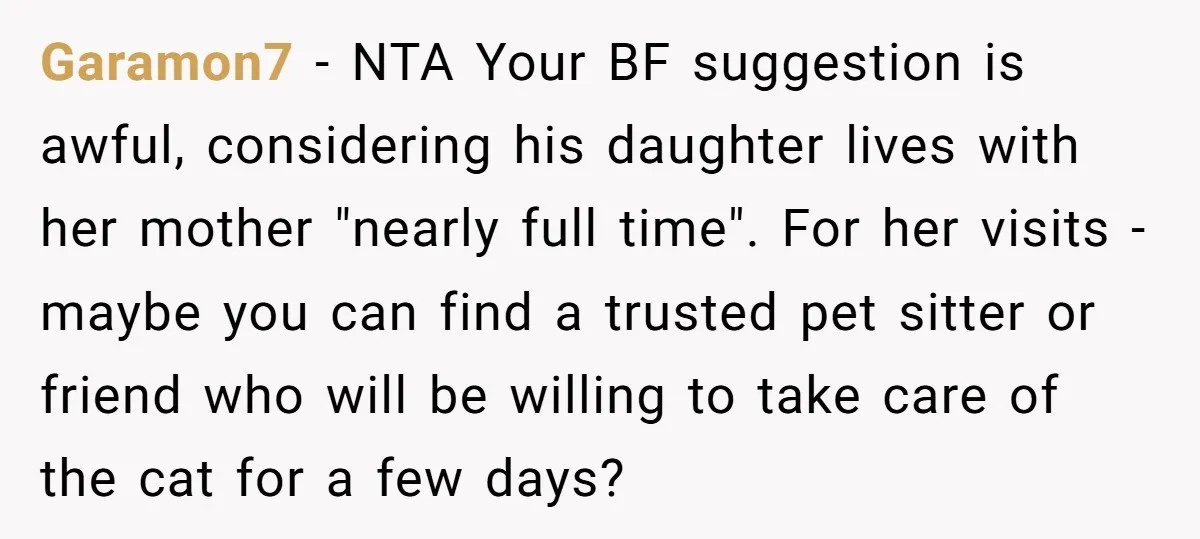 Garamon7 − NTA Your BF suggestion is awful, considering his daughter lives with her mother "nearly full time". For her visits - maybe you can find a trusted pet sitter...