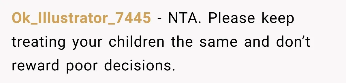 Ok_Illustrator_7445 − NTA. Please keep treating your children the same and don’t reward poor decisions.