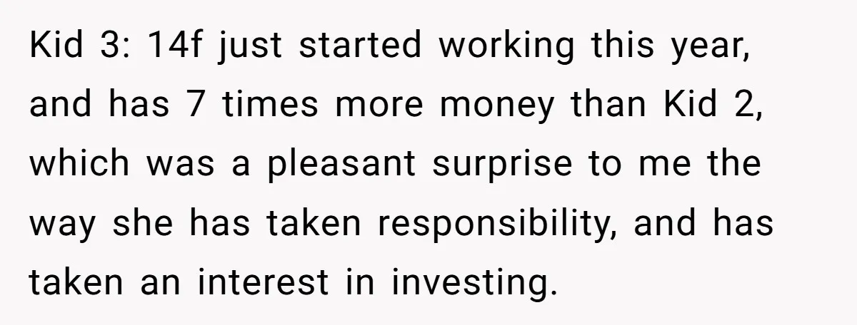 Kid 3: 14f just started working this year, and has 7 times more money than Kid 2, which was a pleasant surprise to me the way she has taken responsibility,...