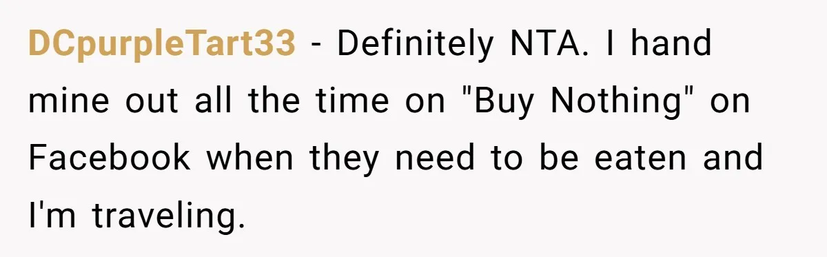 DCpurpleTart33 − Definitely NTA. I hand mine out all the time on "Buy Nothing" on Facebook when they need to be eaten and I'm traveling.