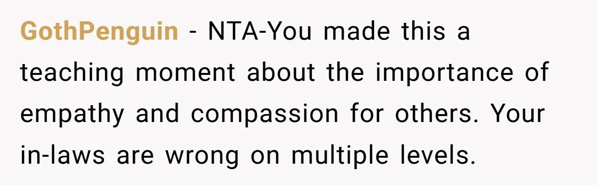 GothPenguin − NTA-You made this a teaching moment about the importance of empathy and compassion for others. Your in-laws are wrong on multiple levels.