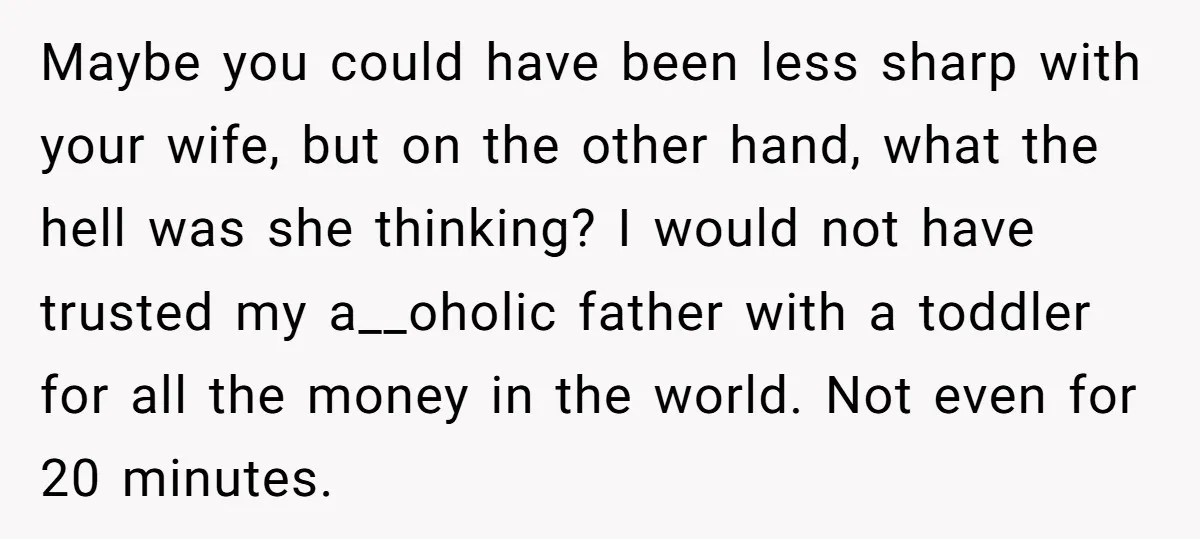 Maybe you could have been less sharp with your wife, but on the other hand, what the hell was she thinking? I would not have trusted my a__oholic father with...